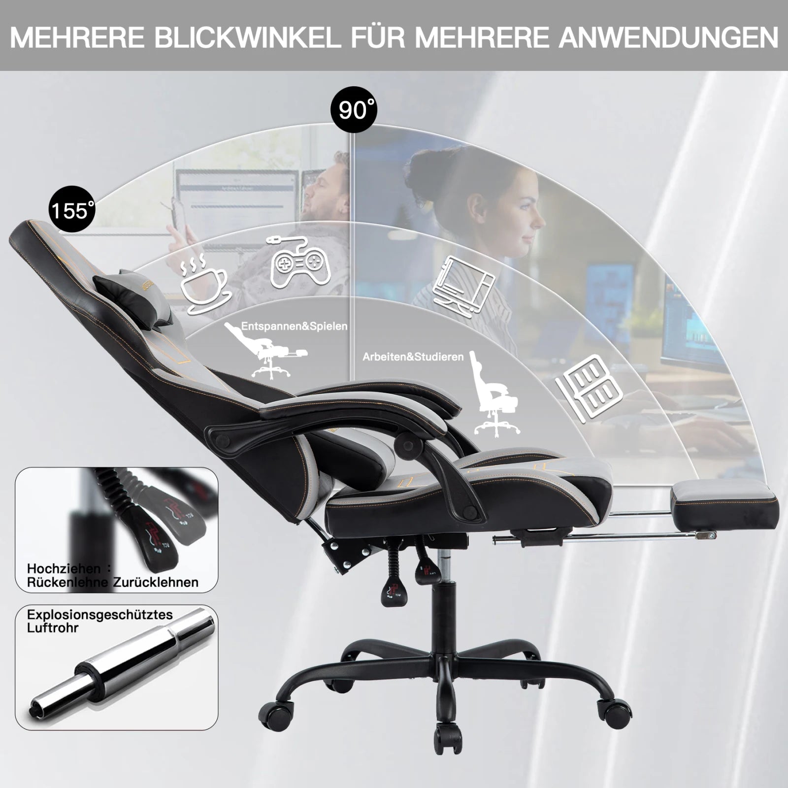 Ergonomic Gaming Chair – Rosahqnda Fabric Seat with Footrest, Adjustable Backrest & Lumbar Support