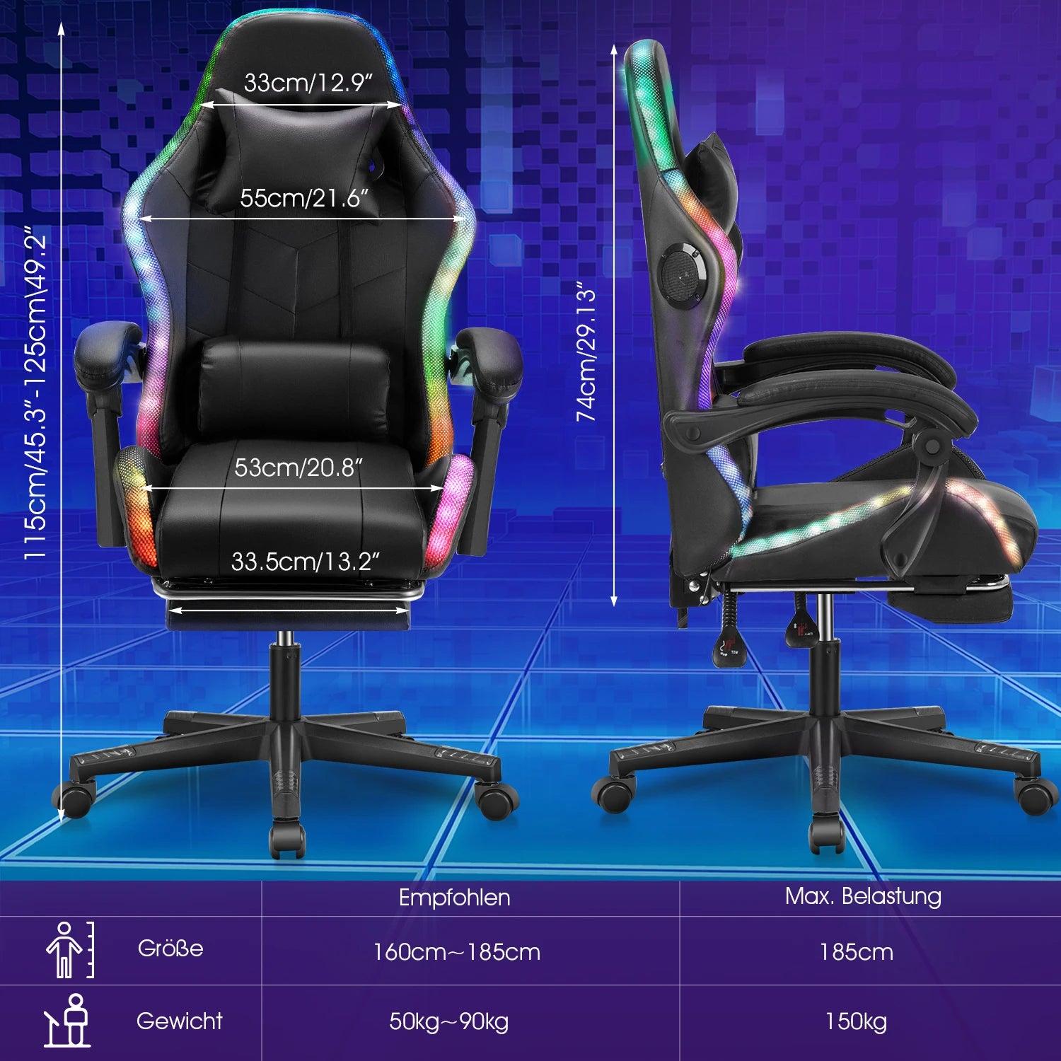 Click Mart RGB+™ Gaming Chair – LED Lights, Bluetooth Speakers & 150° Recline for Full-Immersion Play
