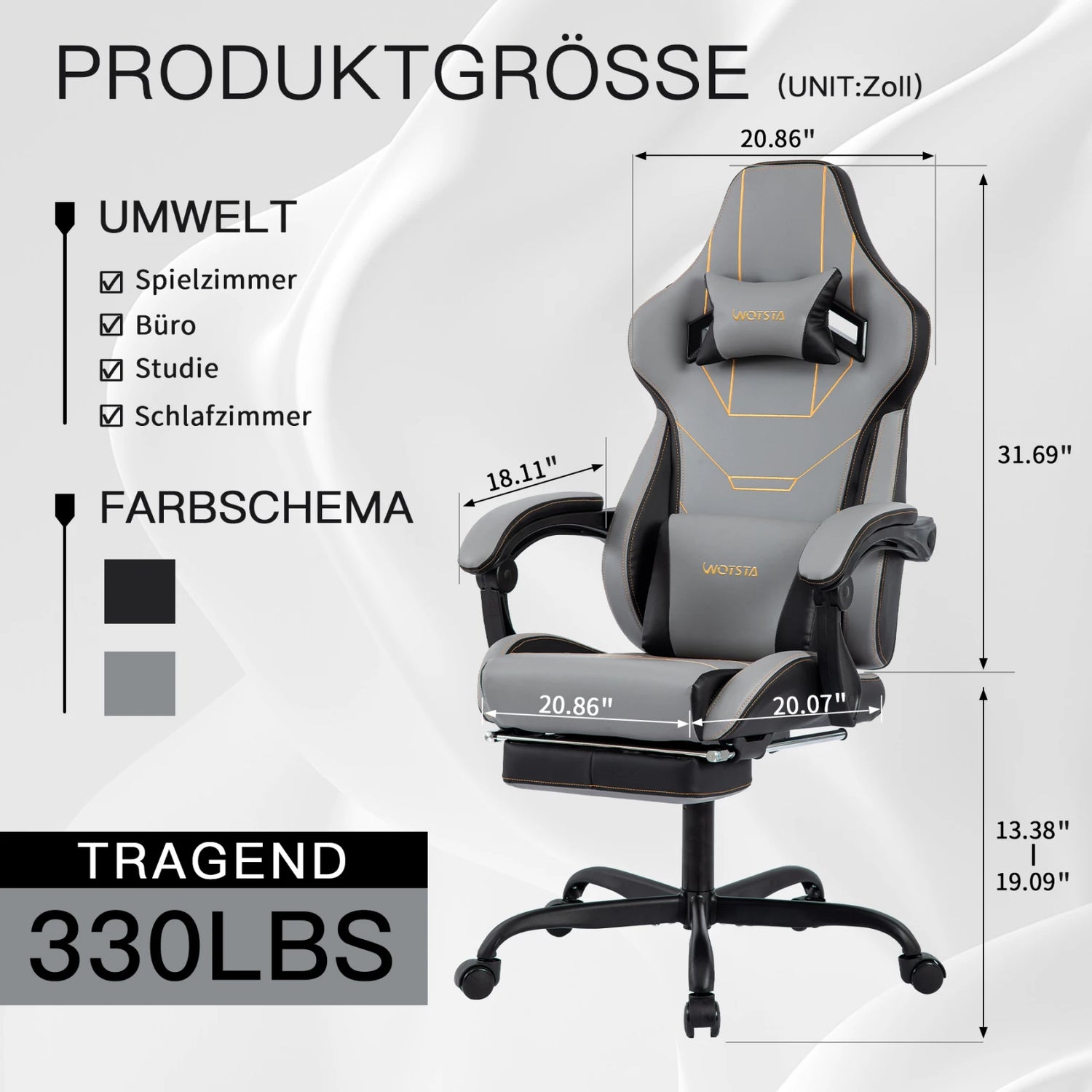 Ergonomic Gaming Chair – Rosahqnda Fabric Seat with Footrest, Adjustable Backrest &amp; Lumbar Support
