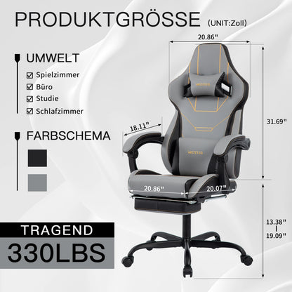 Ergonomic Gaming Chair – Rosahqnda Fabric Seat with Footrest, Adjustable Backrest &amp; Lumbar Support