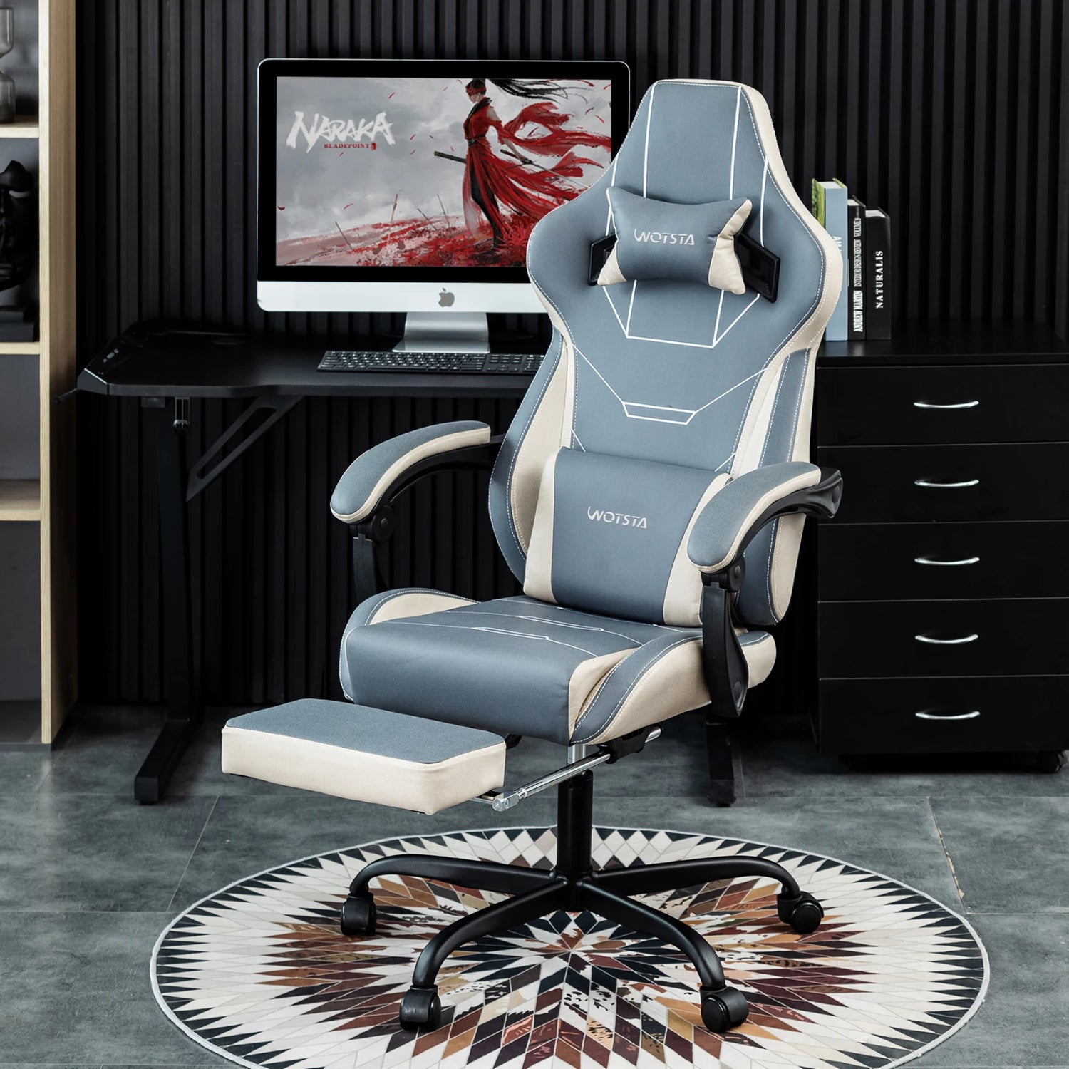 Ergonomic Gaming Chair – Rosahqnda Fabric Seat with Footrest, Adjustable Backrest &amp; Lumbar Support