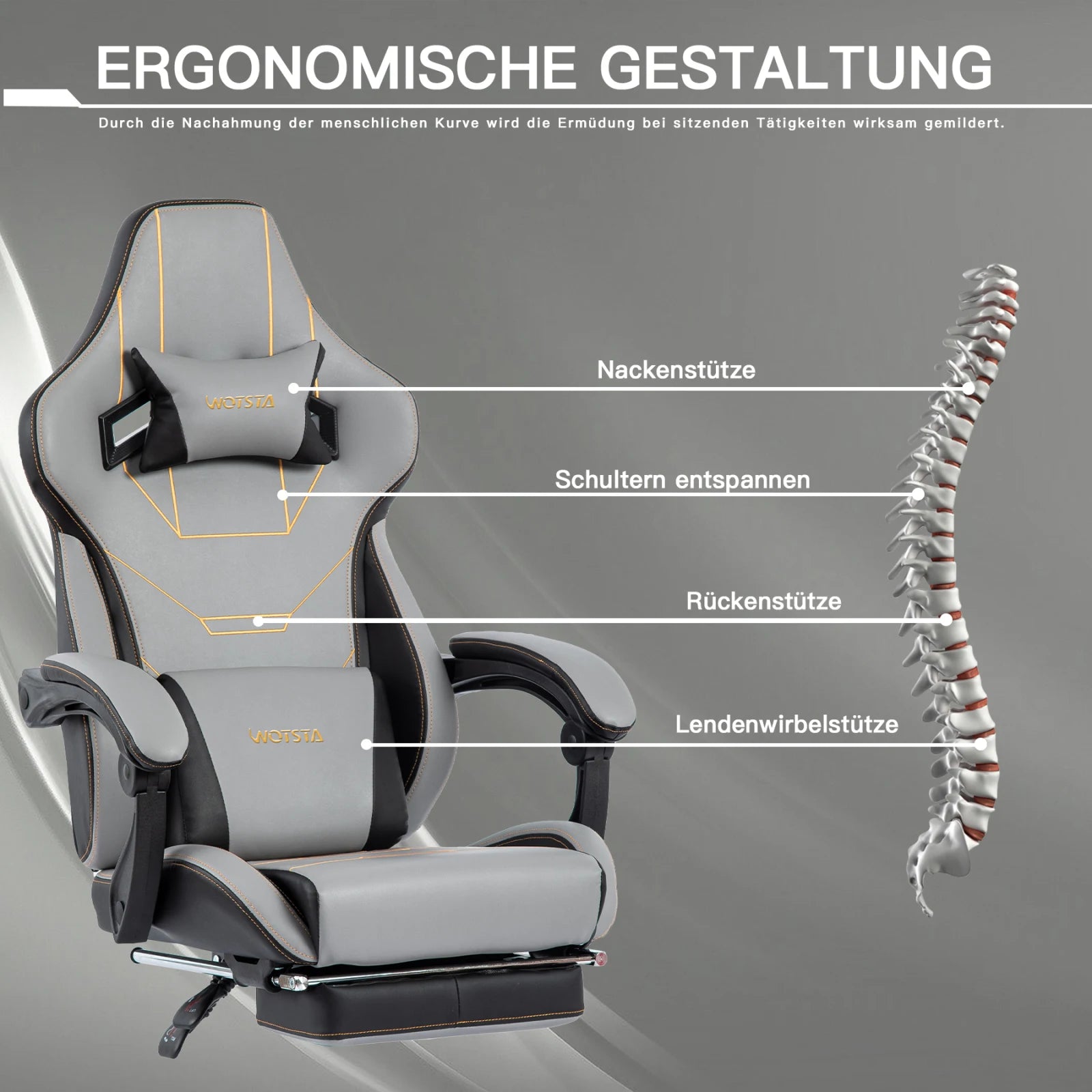 Ergonomic Gaming Chair – Rosahqnda Fabric Seat with Footrest, Adjustable Backrest &amp; Lumbar Support