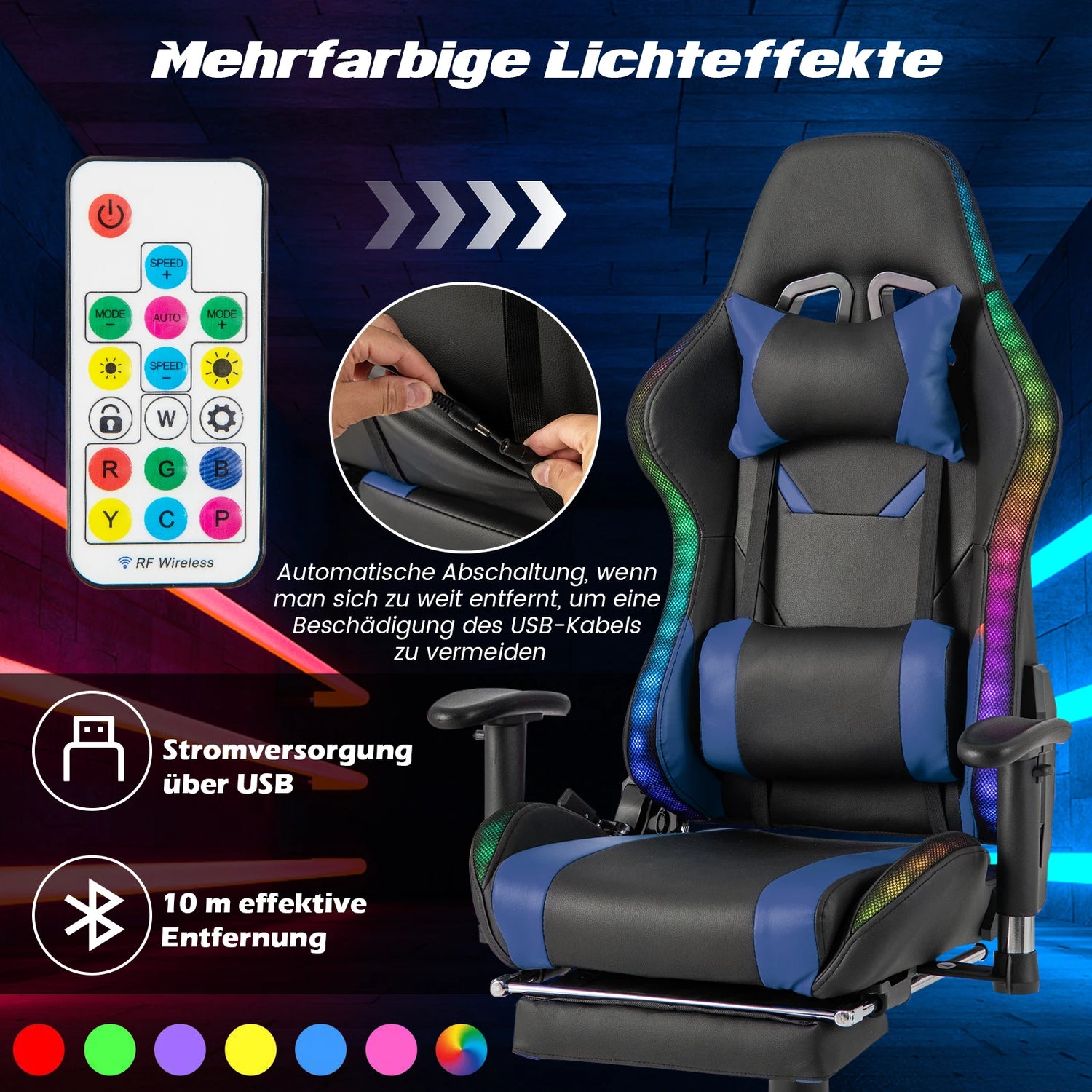RGB LED Gaming Chair – Reclining Office Chair with Footrest, Remote-Control Lights &amp; Ergonomic Support