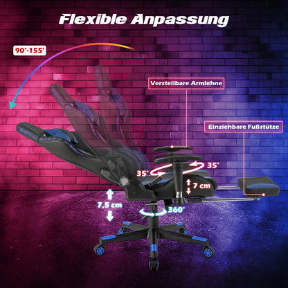 RGB LED Gaming Chair – Reclining Office Chair with Footrest, Remote-Control Lights &amp; Ergonomic Support