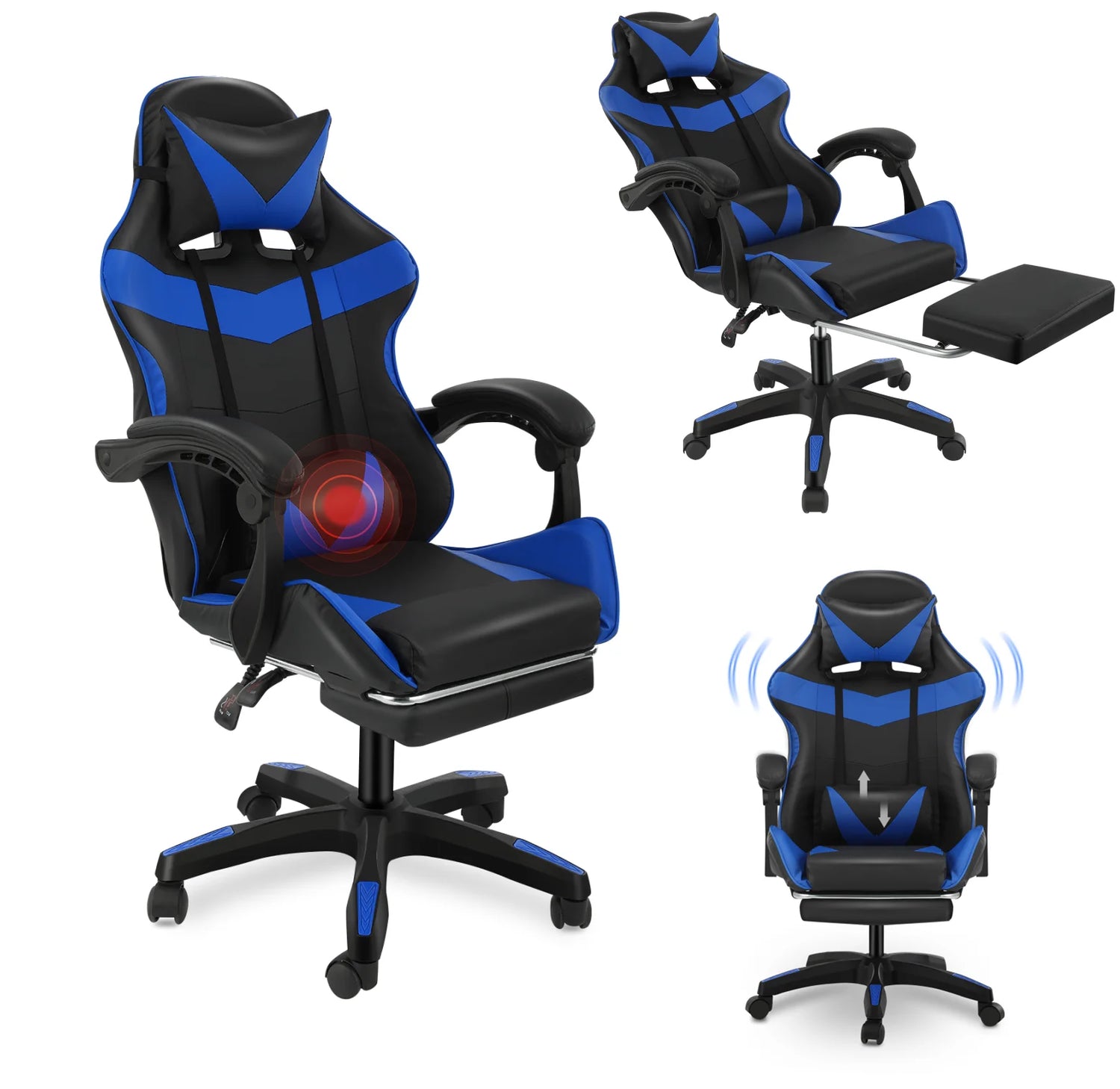 Click Mart UltraGame™ Massage Gaming Chair – Reclining Comfort with Footrest, Lumbar Massage &amp; 360° Swivel