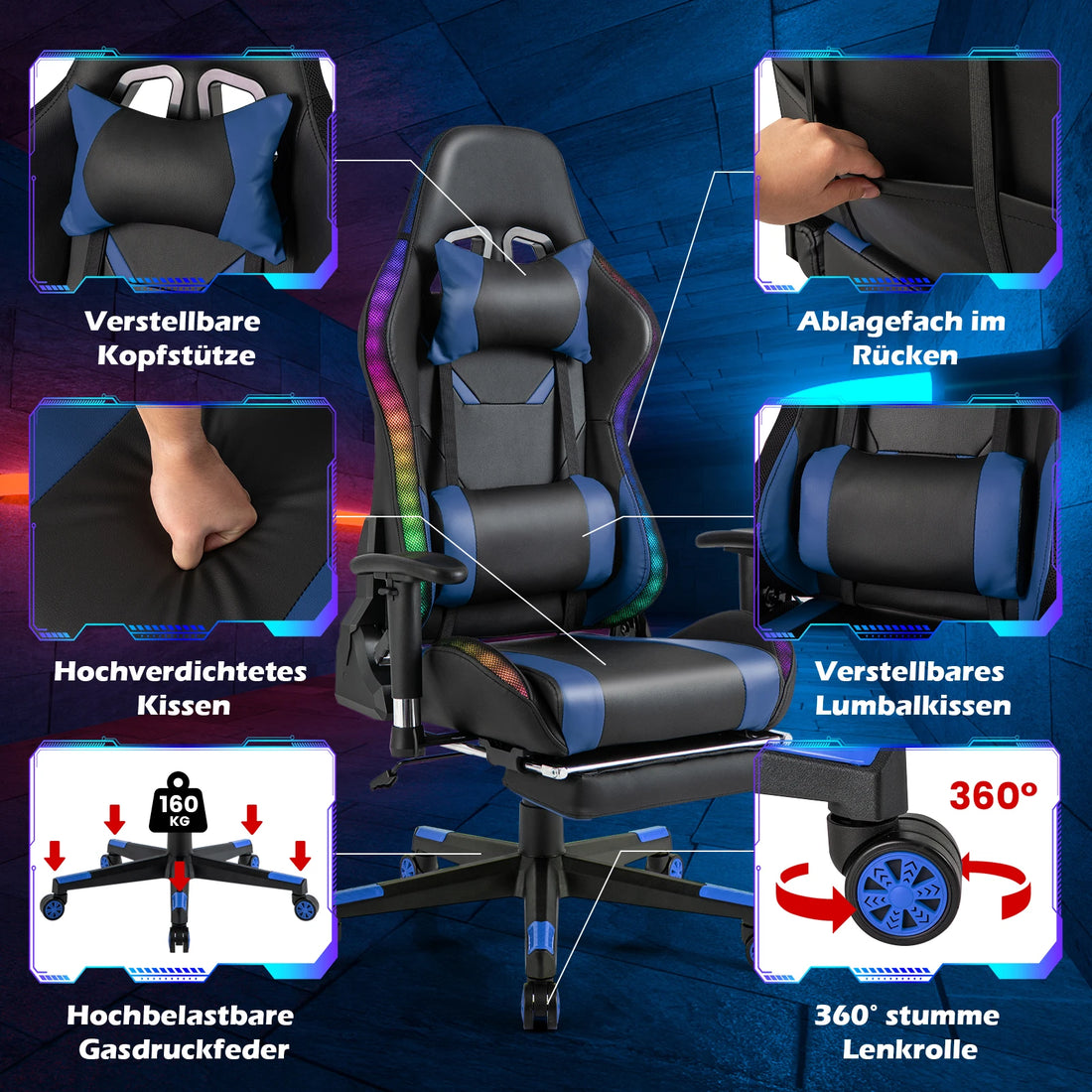 RGB LED Gaming Chair – Reclining Office Chair with Footrest, Remote-Control Lights &amp; Ergonomic Support