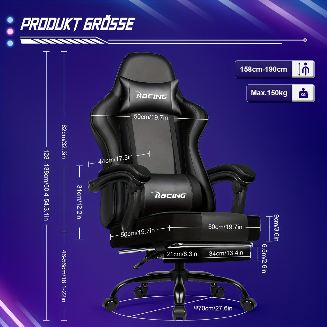 Ergonomic Gaming Chair with Footrest – Gronfont Recliner with Lumbar &amp; Headrest Support, Swivel Base, and Height Adjustment