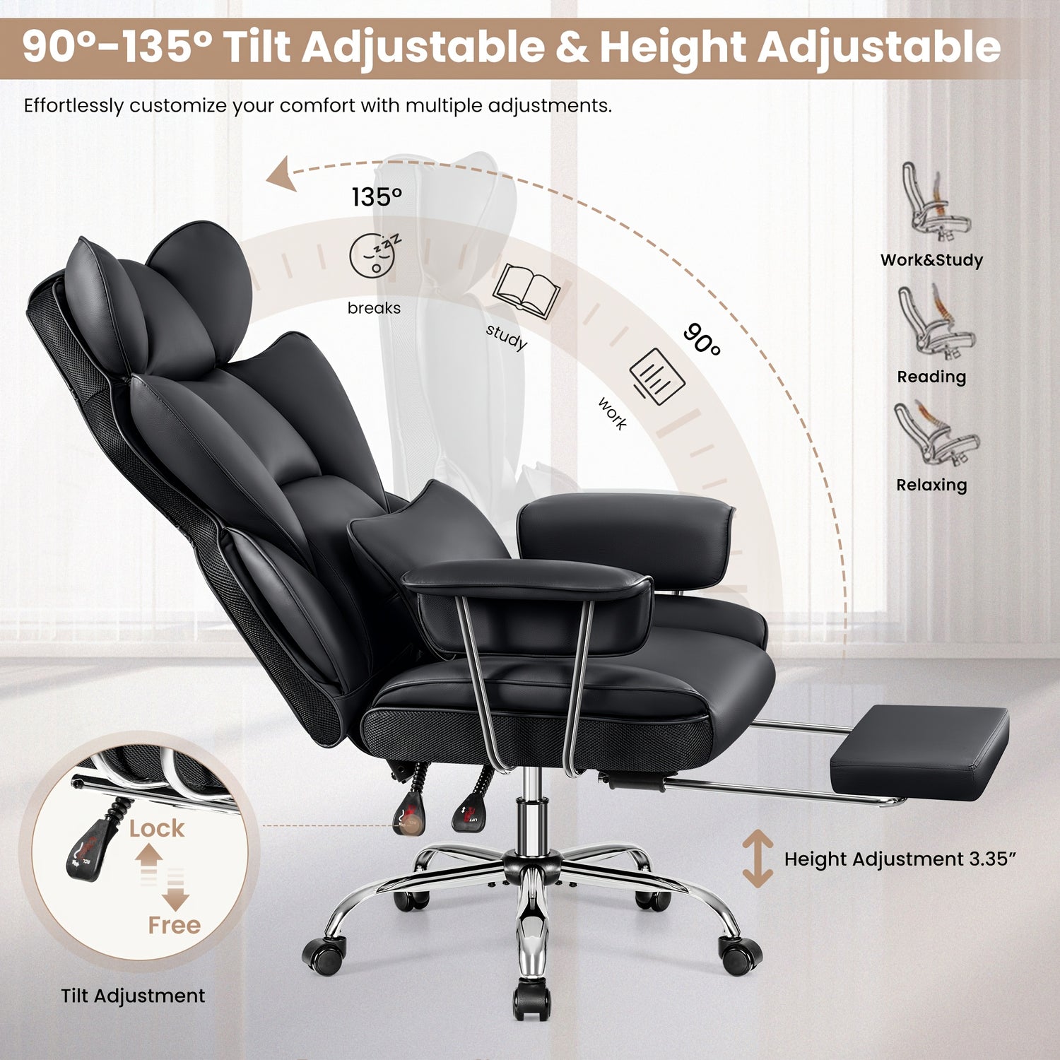Big &amp; Tall Executive Office Chair – Ergonomic Reclining Chair with Footrest, Lumbar Support &amp; 360° Swivel Base